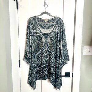 One World Feather Bohemian Print Beaded Shark Bite Hem Oversized Tunic Top 1X